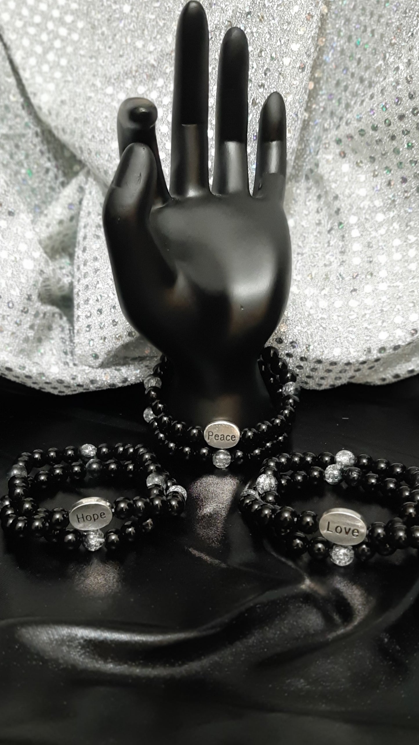 Black Beaded Hope, Peace, and Love Stretch Bracelet Set