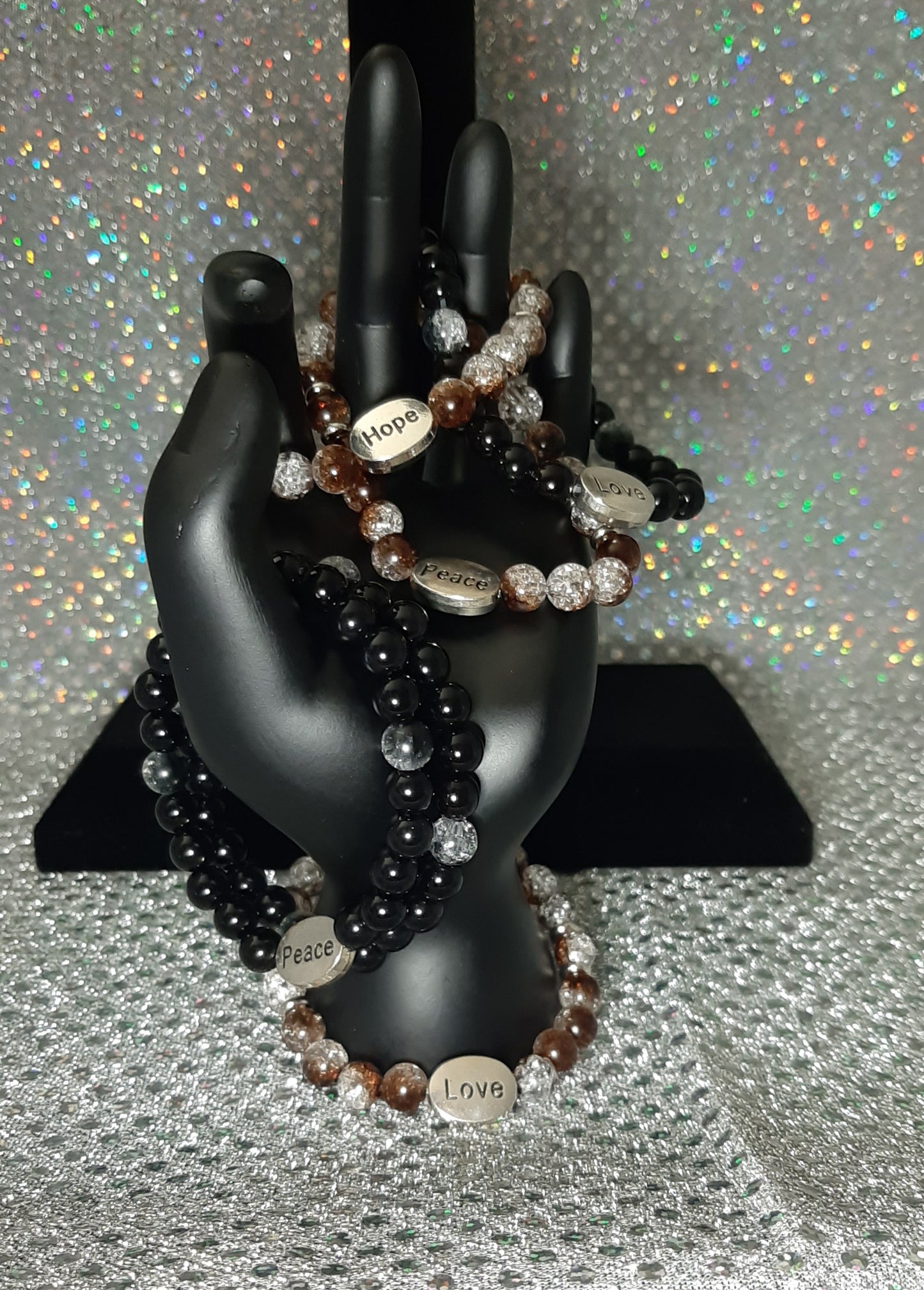 Brown Beaded Hope, Peace, and Love Stretch Bracelet