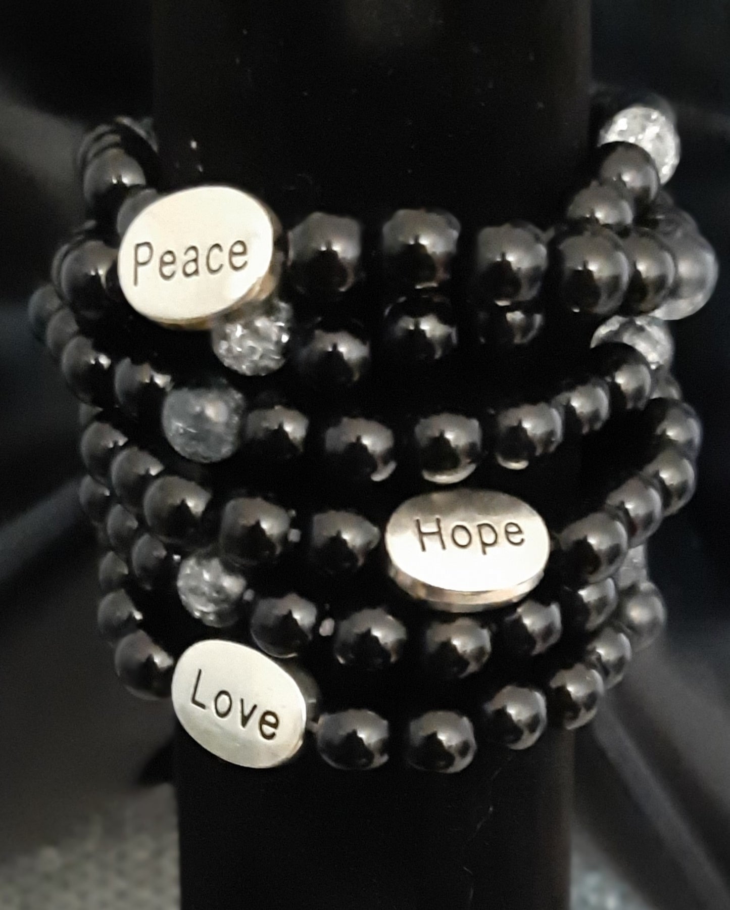 Black Beaded Hope, Peace, and Love Stretch Bracelet Set