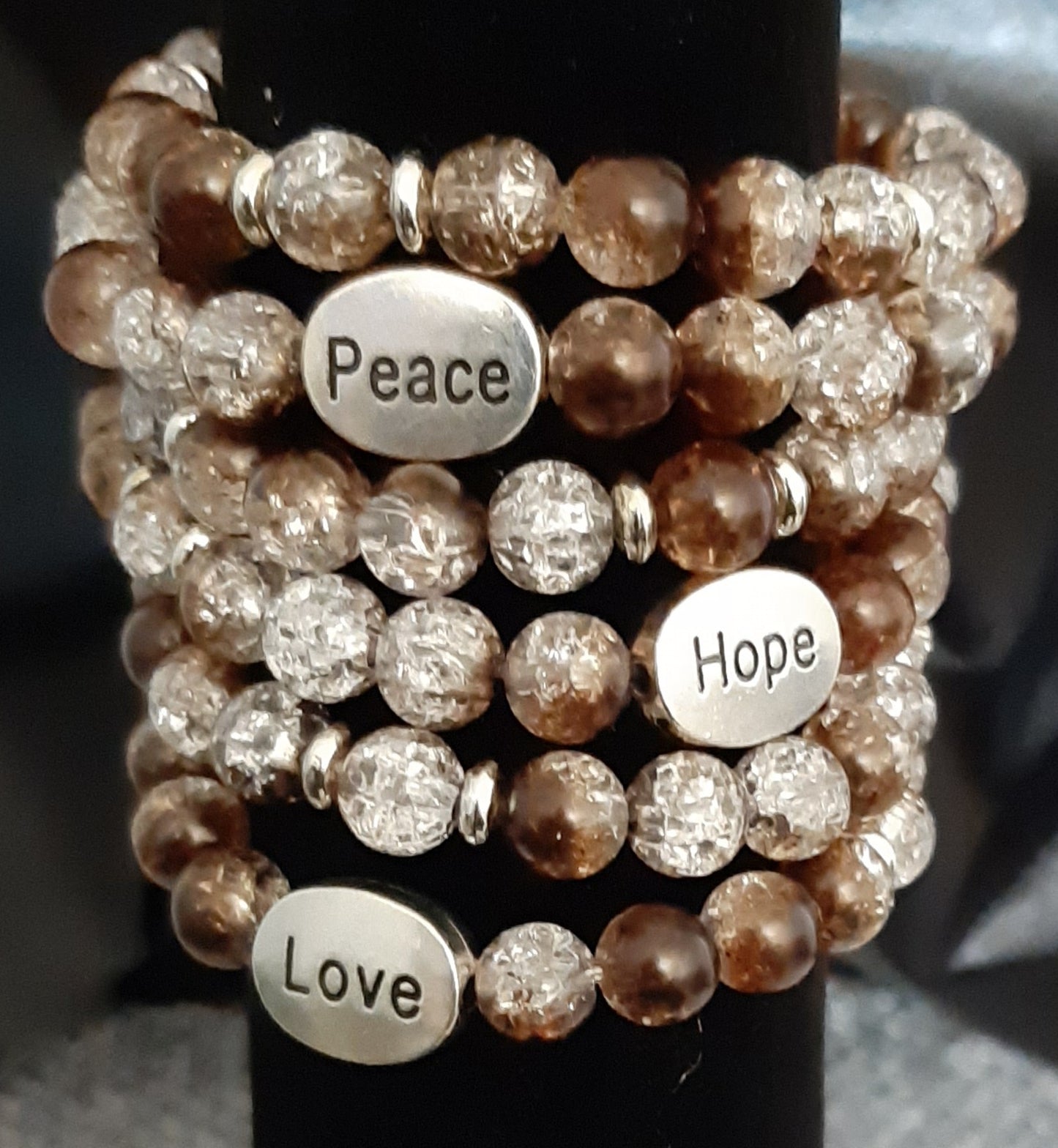 Brown Beaded Hope, Peace, and Love Stretch Bracelet Set