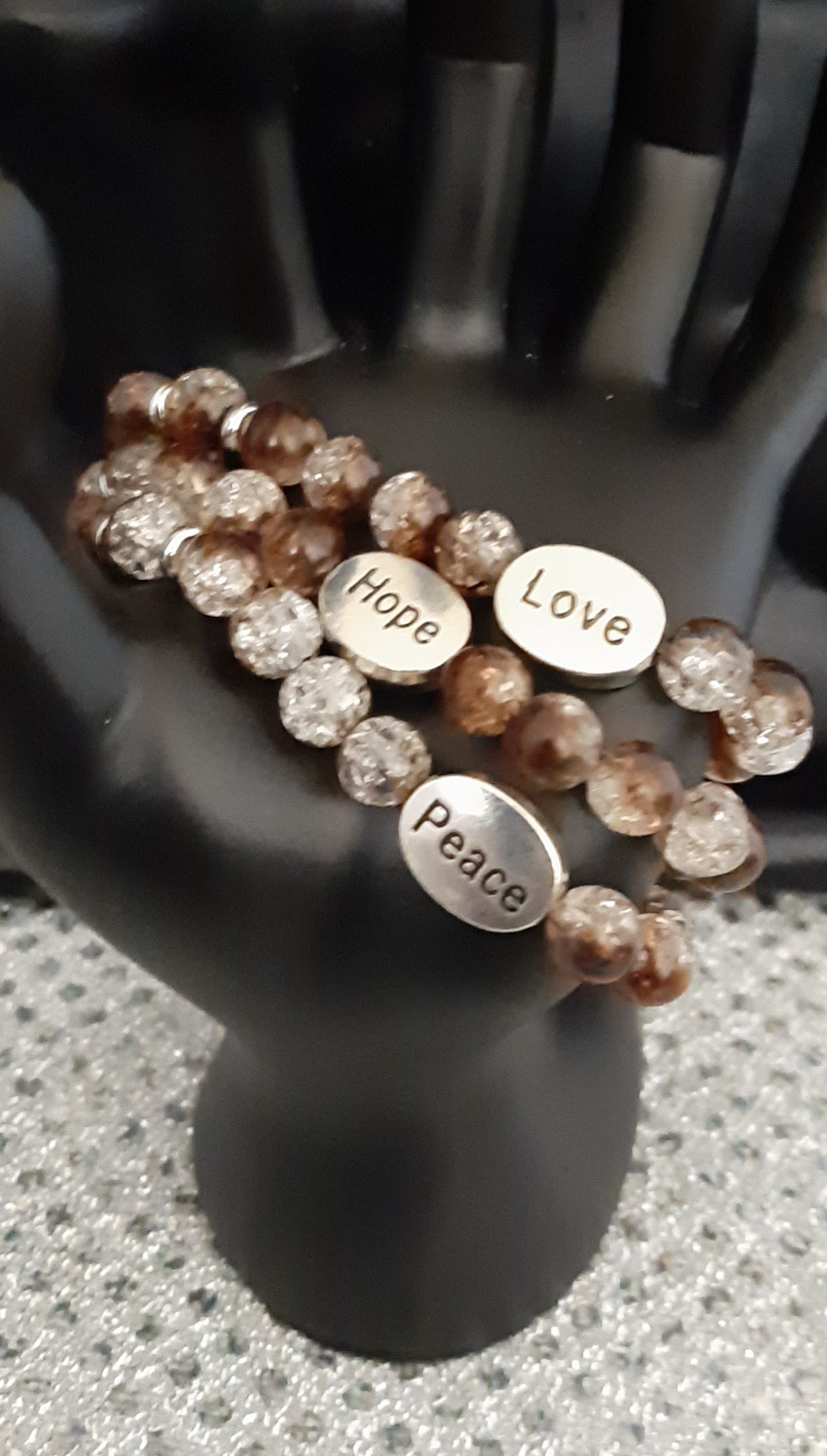 Brown Beaded Hope, Peace, and Love Stretch Bracelet