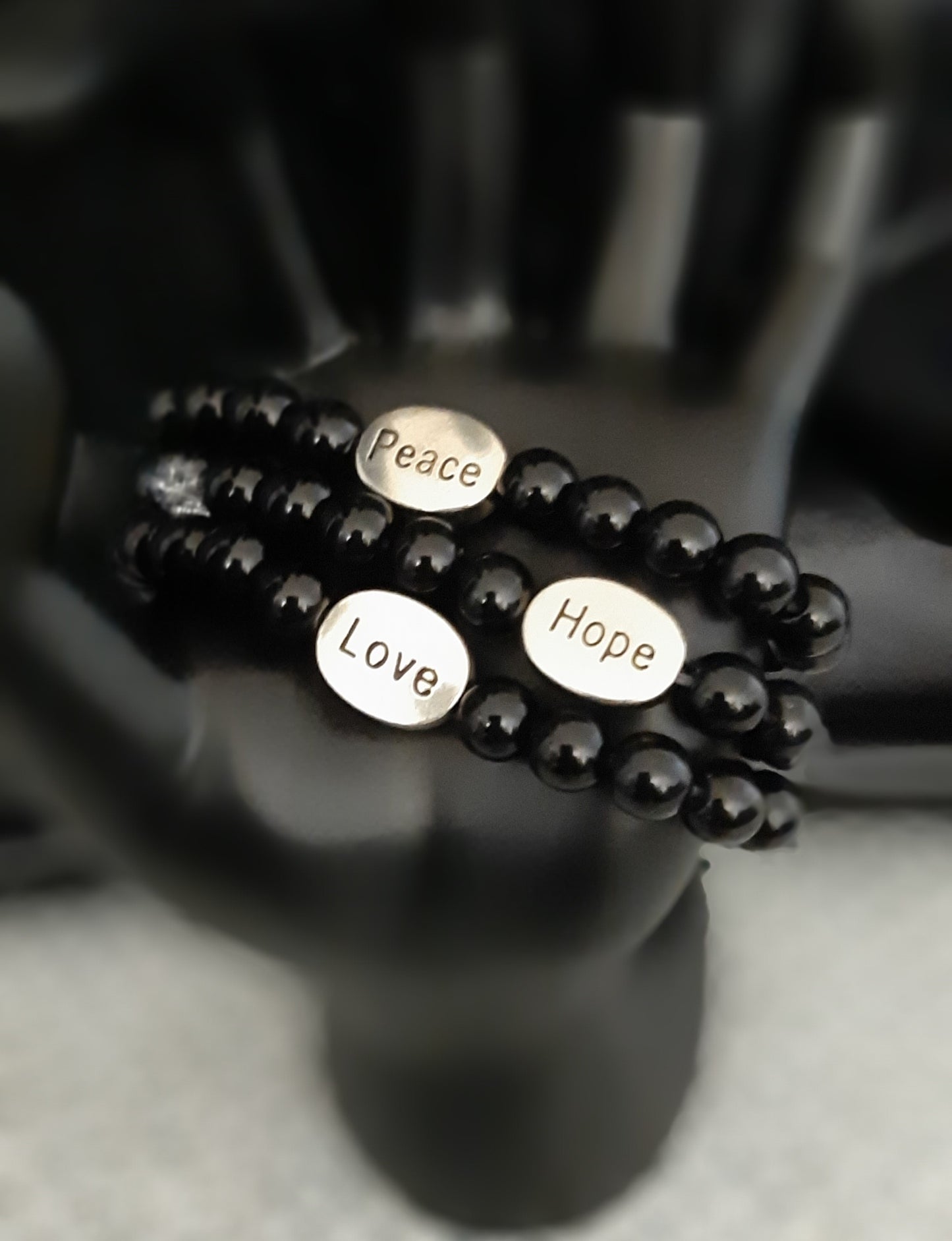 Black Beaded Hope, Peace, and Love Stretch Bracelet