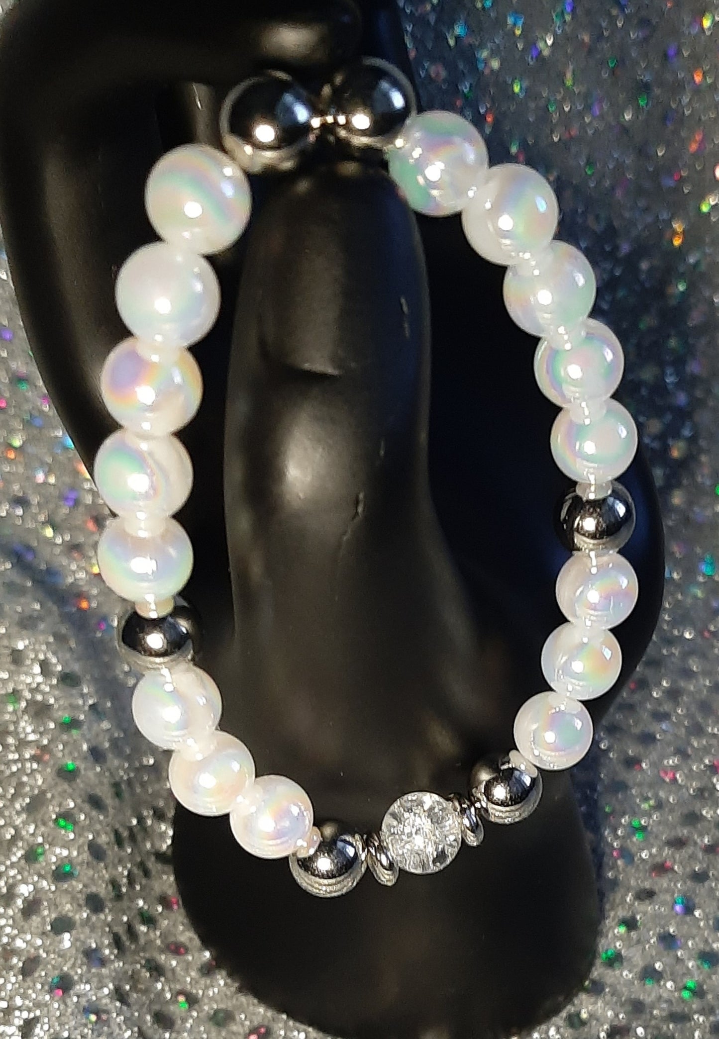 Pearl Bead With Crackle Bead Stretch Bracelet