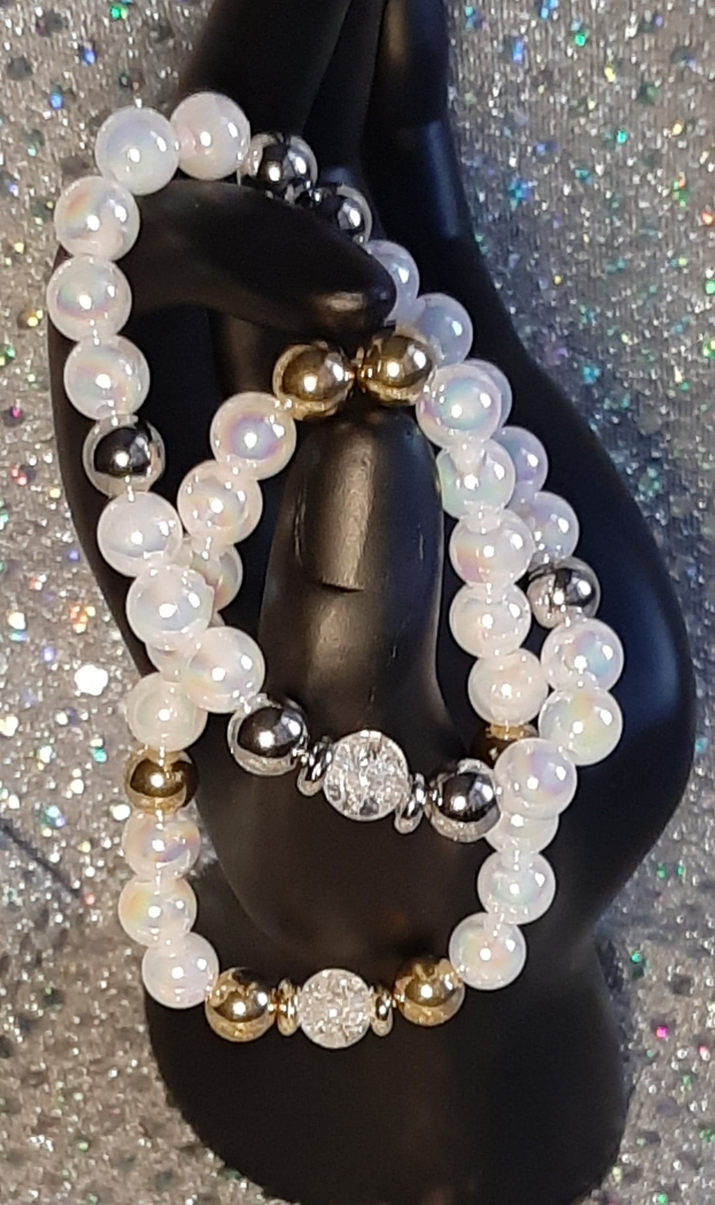 Pearl Bead With Crackle Bead Stretch Bracelet