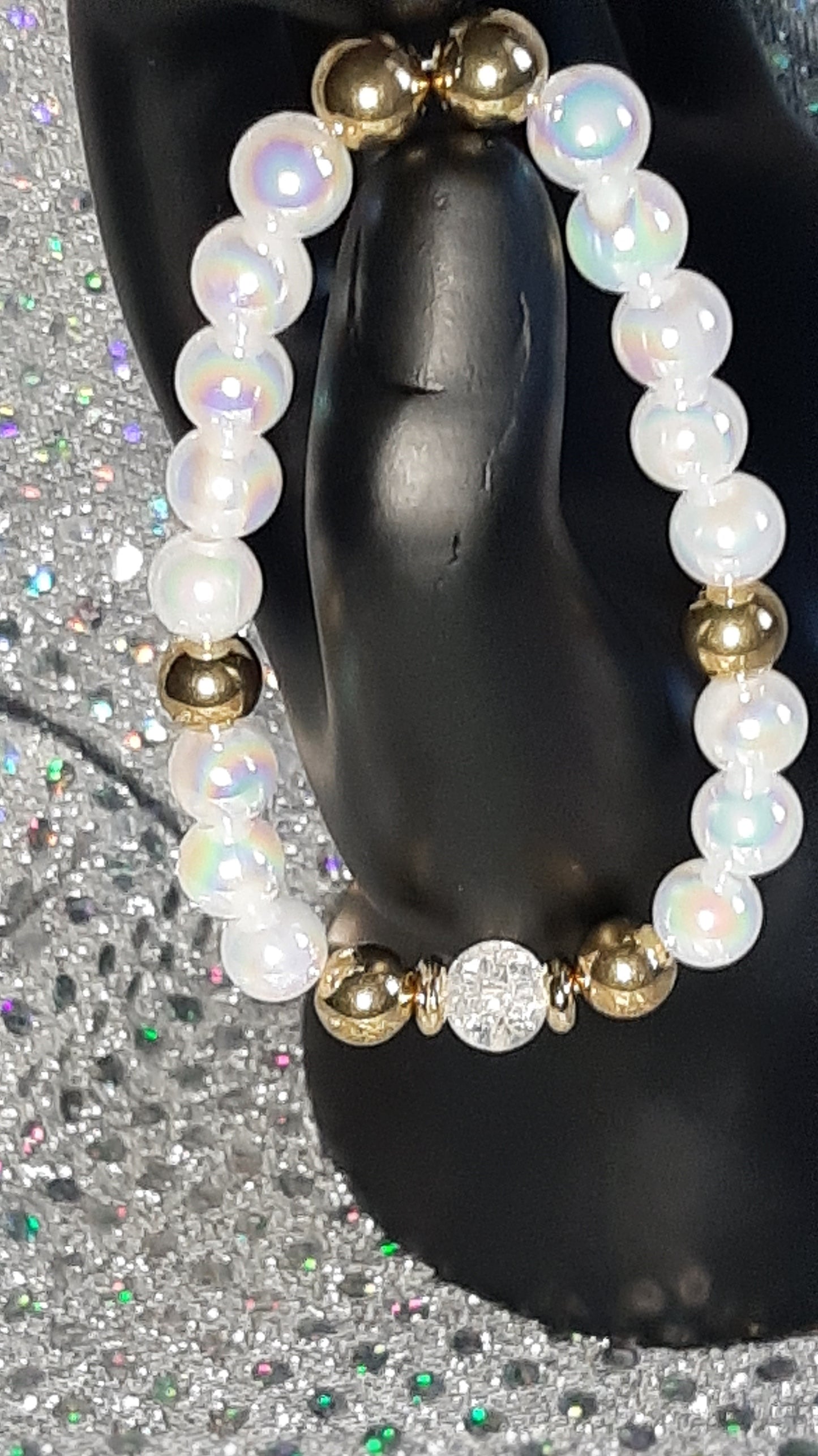 Pearl Bead With Crackle Bead Stretch Bracelet